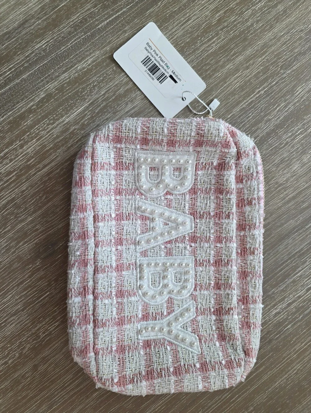 Baby Pearl Pink Tweed Pearl-Accent Zip Pouch